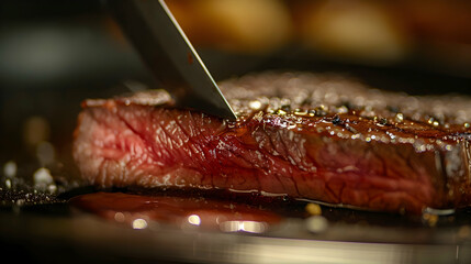 Macro shot of a steak knife cutting through a juicy steak, with light emphasizing the knife's edge and the meat's texture.