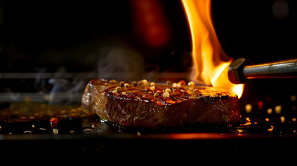 High-contrast image of a steak being flamed with a blowtorch, with light and shadow highlighting the caramelization and texture.