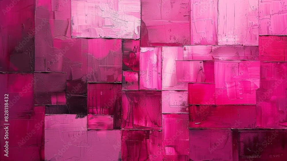 Poster abstract painting using blocks of pink color to create depth and movement.