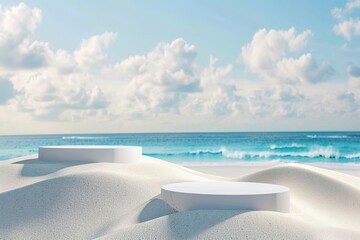 White Sand with White 3D 2 podium put on sand and beautiful sky Summer background
