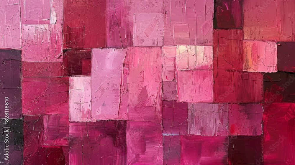 Poster abstract painting using blocks of pink color to create depth and movement.