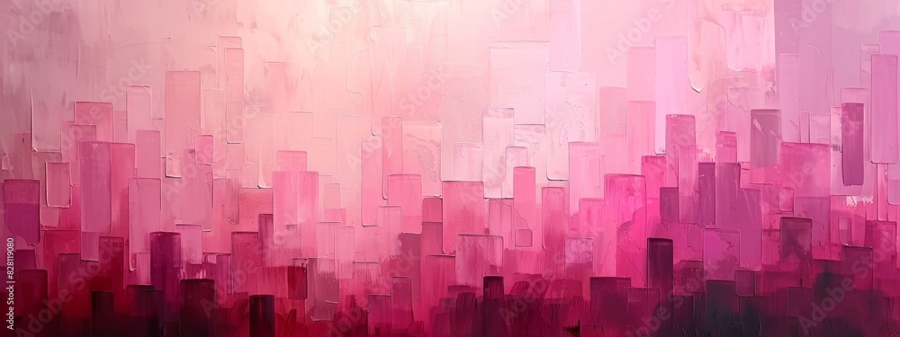 Poster abstract painting using blocks of pink color to create depth and movement.