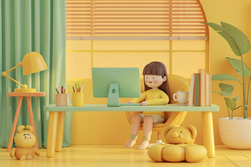 Cute 3D Illustration of a Girl Working at Desk with Teddy Bears
