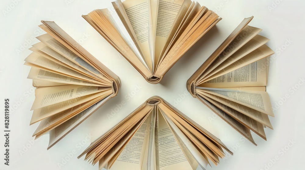 Poster a clipart showing four open books arranged in a star pattern, each with empty clear pages, perfect f