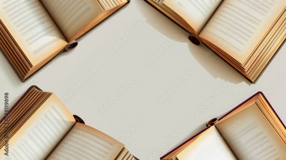 Poster a clipart of four open books with empty pages, arranged in a circular pattern, set against a transpa
