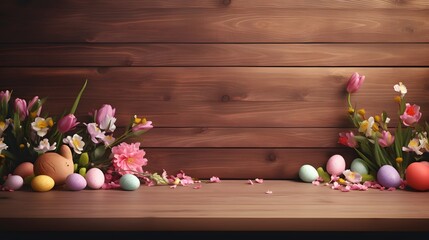 Naklejka premium Wooden table with Easter or spring theme. Eggs and colorful flowers with copy space. Generative AI
