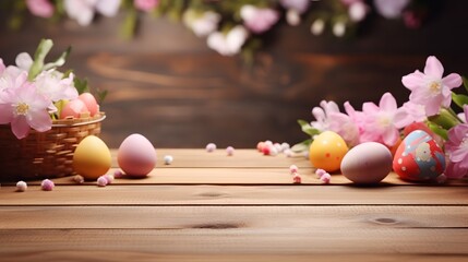 Wooden table with Easter or spring theme. Eggs and colorful flowers with copy space. Generative AI