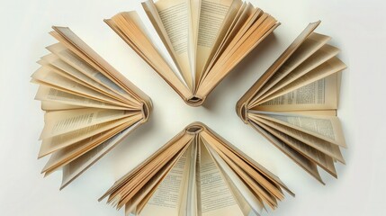 A clipart showing four open books arranged in a star pattern, each with empty clear pages, perfect for educational or literary graphics on a transparent background.