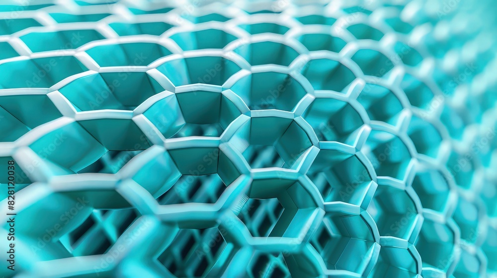 Poster a close-up view of a premium honeycomb-patterned structure in vibrant turquoise, creating a stunning