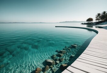 minimalist design with curving lines in varying shades of teal on a white background, conveying the calmness and serenity of a peaceful lagoon