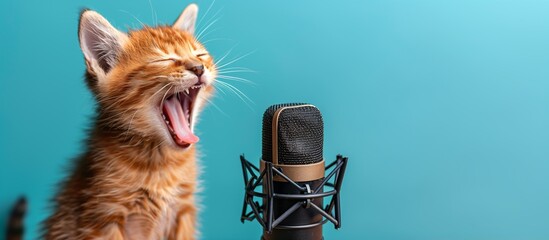 A cute kitten with closed eyes sings enthusiastically into the microphone against a solid cyan background, with ample copy space.