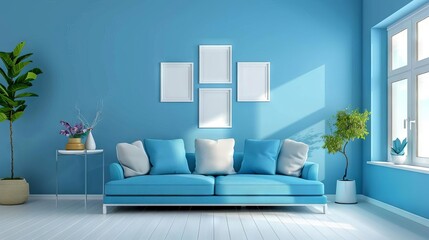bright azure blue living room with simple poster gallery on pristine wall illuminated by natural light contemporary interior design digital illustration