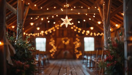 Traditional wedding ceremony in a rustic barn, adorned with fairy lights and rustic decor, creating a warm and enchanting atmosphere