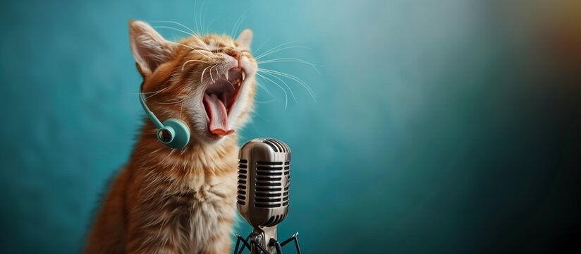A cute kitten with headphones and closed eyes sings enthusiastically into the microphone, with ample copy space.