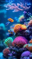 Obraz premium Vibrant aquarium with a colorful coral reef, tropical fish swimming gracefully, and crystalclear water illuminated by soft lighting