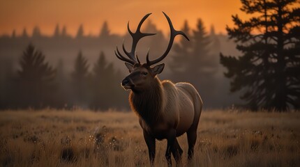 Silhouette A bull-elk walking into a deep forest - Generative AI