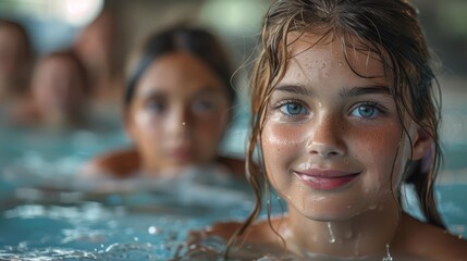 Mom and dad teaching kids to swim, poolside, sunny day, over-the-shoulder shot, natural colors, happy atmosphere, blue water, copy space in the background