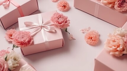 Top View of Valentine day banner design of a collection of Gift box and pink flowers on pink pastel background