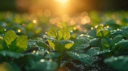 Close-up of fresh green leaves with dew drops at sunrise.