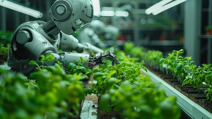 A futuristic robot tending to plants in a controlled environment.