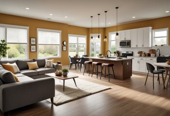 modern, open-concept living space with comfortable furnishings, a well-equipped kitchen, and a welcoming atmosphere, highlighted by a set of keys on the countertop representing the joy of homeownershi
