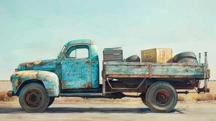 Obraz premium Develop a detailed oil painting of a vintage loading truck carrying various belongings, captured at eye-level angle, surrounded by a serene plain pastel solid background