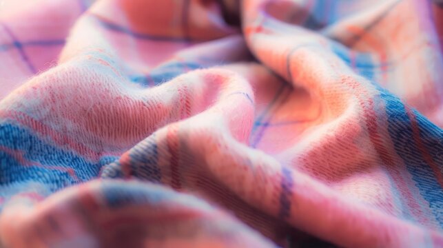 Produce a soothing image capturing the essence of a soft plaid blanket in a clean, eye-level angle with ample copy space on a plain, pastel background