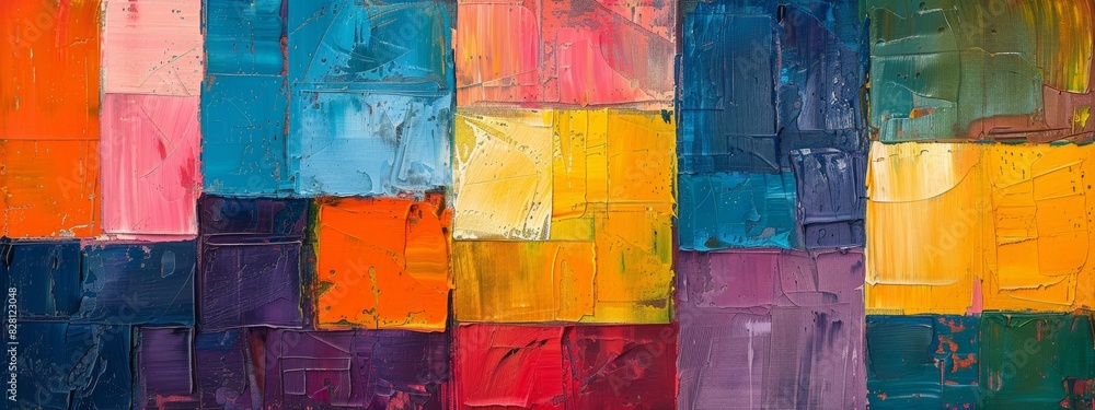 Poster abstract painting using blocks of colors to create depth and movement.