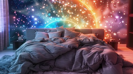 A cozy bedroom with a soft, inviting bed featuring gradient gray bed sheets and a spectacular display of neon stars on the back wall, ideal for a romantic and relaxing retreat. - Powered by Adobe