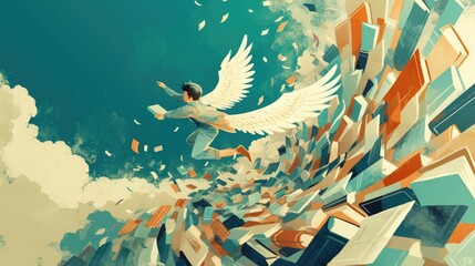Fototapeta premium A creative illustration showcasing the essence of education a bachelor soaring high with wings made of books chasing after his dreams