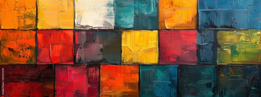 Poster abstract painting using blocks of colors to create depth and movement.