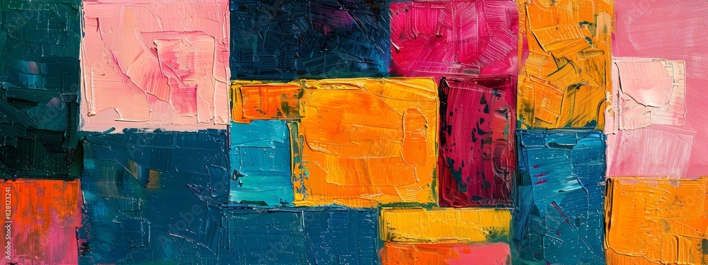 Poster abstract painting using blocks of colors to create depth and movement.