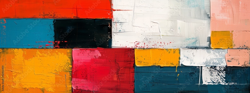 Poster abstract painting using blocks of colors to create depth and movement.
