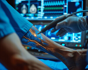Radiologist using ultrasound probe on patient's leg for deep vein thrombosis detection, Clinical, Realistic, Cool tones, High detail