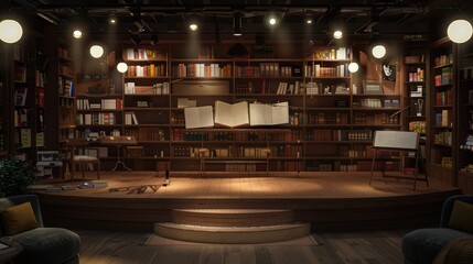 Dramatic Library Stage Scene with Open Books and Spotlights – Moody Academic or Theatrical Setting for Literature and Storytelling