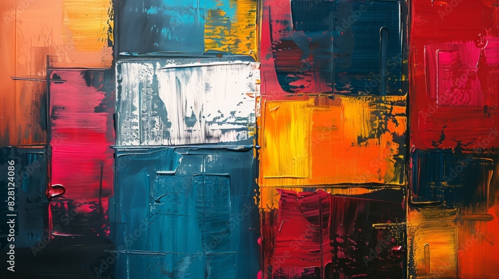 Poster abstract painting using blocks of colors to create depth and movement.