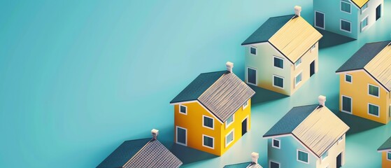 Aerial view of colorful miniature houses arranged in a neat pattern on a blue background, symbolizing real estate and housing concepts.