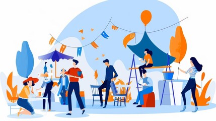 Design a cheerful gathering for Cinco de Mayo with vibrant decorations and joyful activity seen from a low angle, allowing for ample copy space against a lively background
