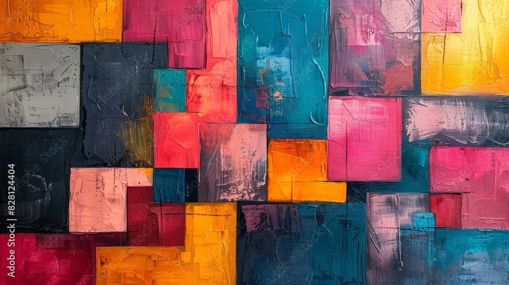 Poster abstract painting using blocks of colors to create depth and movement.