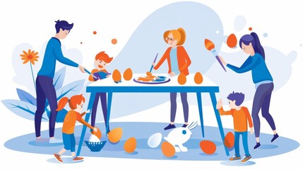 Design a graphic of children painting Easter eggs at a table Highlight their creativity and joy Ensure there is ample copy space on one side for text