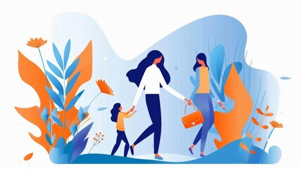 Create a vibrant digital illustration of a rear view of a mother and child engaged in a heartwarming Mothers Day activity Ensure there is ample copy space and a soft-focus backgrou