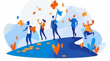 Illustrate a frontal view of a vibrant St Patricks Day parade with joyful activity, incorporating ample copy space on a festive themed background