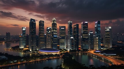 Fototapeta premium cityscape at night with tall buildings lit up and reflecting