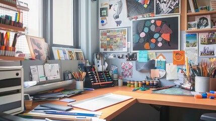 A creative study spot with a custom corner desk, artistic supplies, and inspiration boards, tailored for graduate students in creative fields who value organization and a clean workspace.