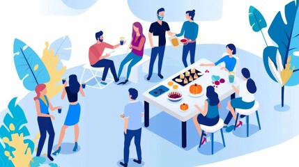 Capture a mesmerizing aerial view of a Thanksgiving feast spread out, showing joyful activity below with ample copy space