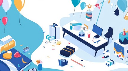 Illustrate a dynamic, eye-level view of a birthday activity, emphasizing space for text against a colorful, celebratory backdrop
