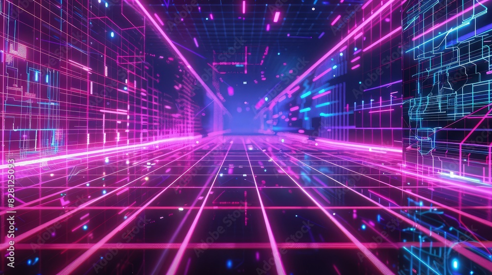 Poster a cyberpunk graphic design template with neon grids and glitch effects, creating a vibrant backdrop 