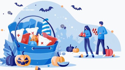 Design a vibrant close-up image of a vibrant candy-filled trick-or-treat bucket, overflowing with treats, set against a festive Halloween backdrop, with space for text overlay