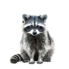 Obraz premium Generate a watercolor painting of a raccoon sitting on a white background. The raccoon should be looking at the viewer with its head tilted slightly to the side.