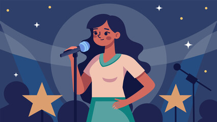 A teenager singing her heart out at an open mic night using music to overcome her shyness and build her selfconfidence. The stage becomes her safe space where she can let her. Vector illustration - Powered by Adobe